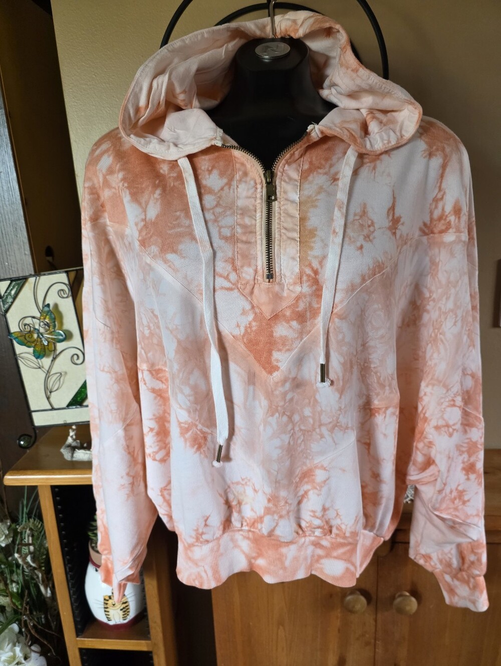 Young Fabulous & Broke Women's Peach Tie-Dye Half-Zip Mixed Fabric Hoodie